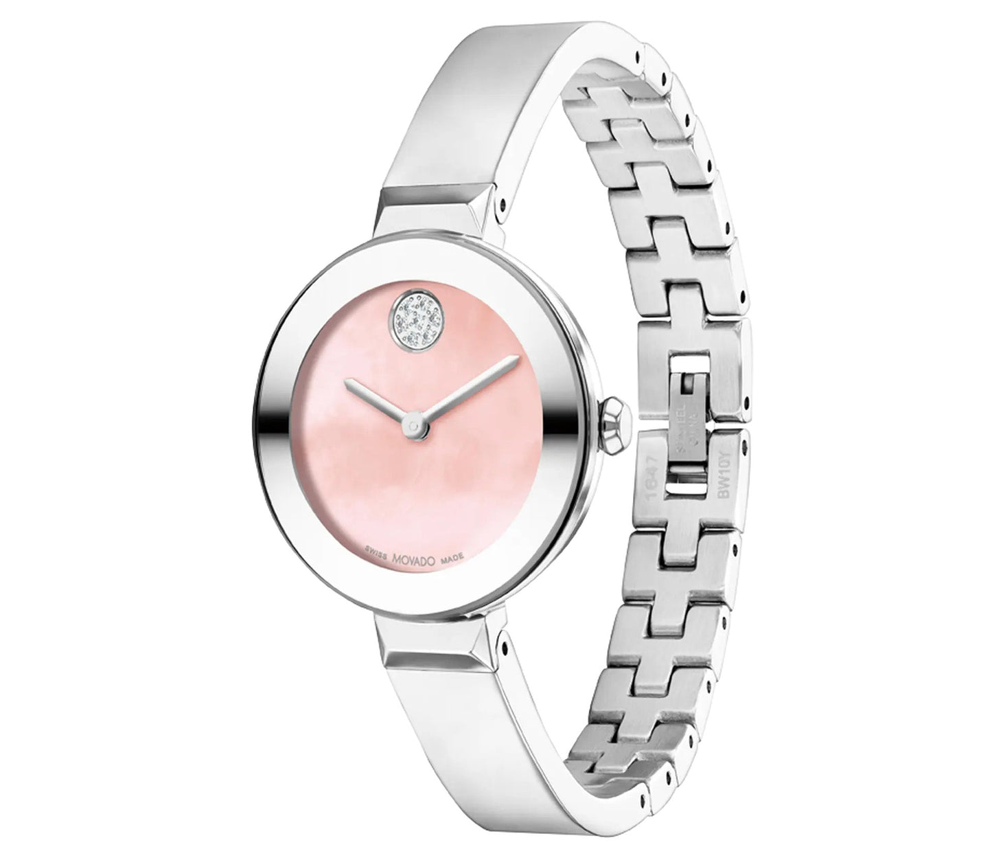 Presenting the Movado BOLD Bangle Quartz 28mm Watch by Movado: a sleek and modern timepiece featuring a silver metal bracelet and a round face. Its elegant pink face showcases a minimalist design, highlighted by a Crystal Pavé Dot at the 12 o'clock position, along with simple hour and minute hands.