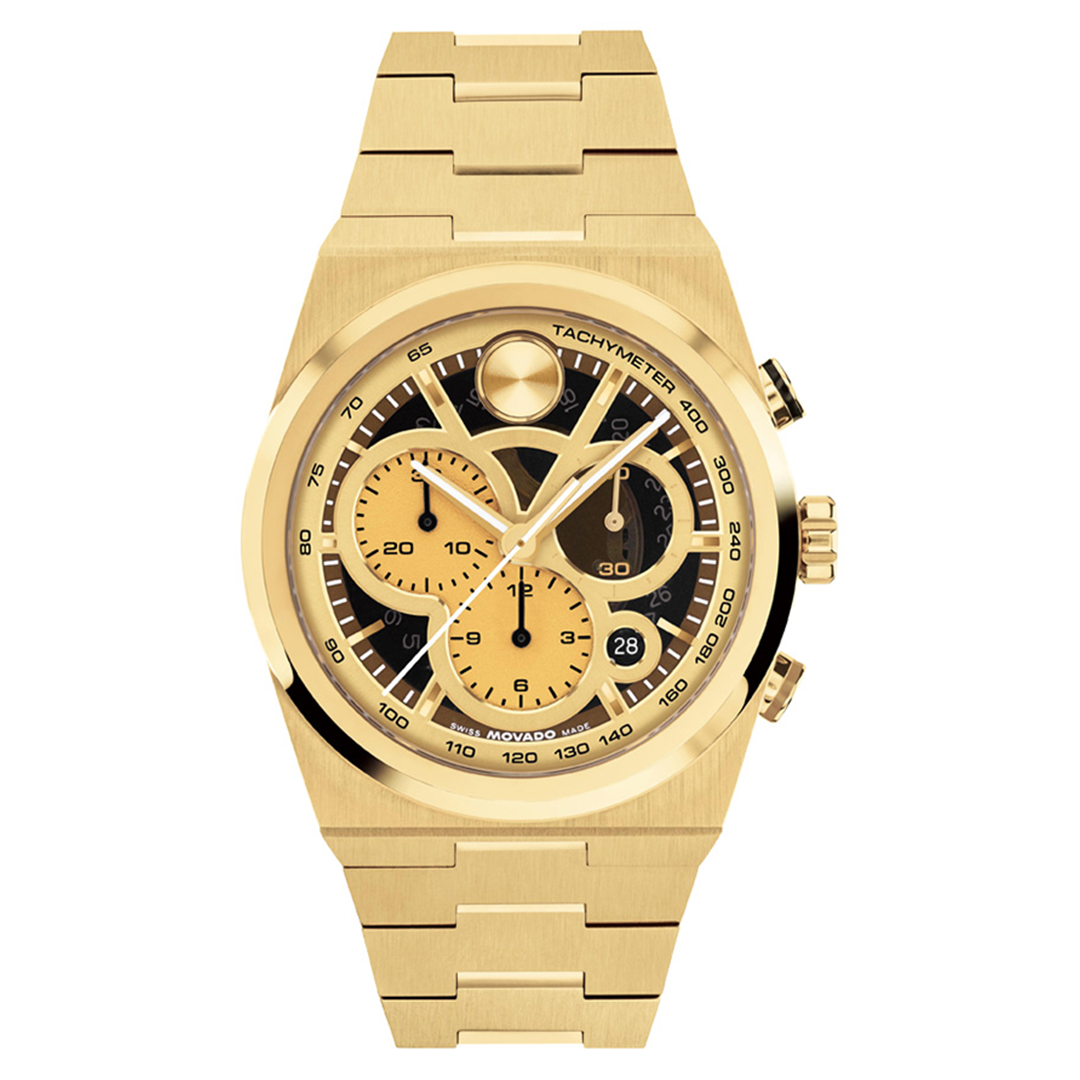 Gold-tone Movado BOLD Quest Chronograph Quartz 40mm Watch with a link bracelet, featuring a black dial with three sub-dials, a date window, and a signature dot at the twelve o’clock position.