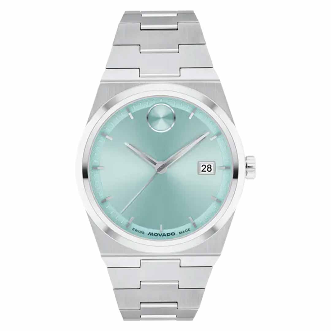 The Movado BOLD Quest Quartz 35mm Watch by Movado showcases a seafoam blue dial with sleek hour markers, a date window at the 3 o'clock position, and a distinctive circular logo at the 12 o'clock position, all mounted on a stainless steel bracelet for a stylish look.