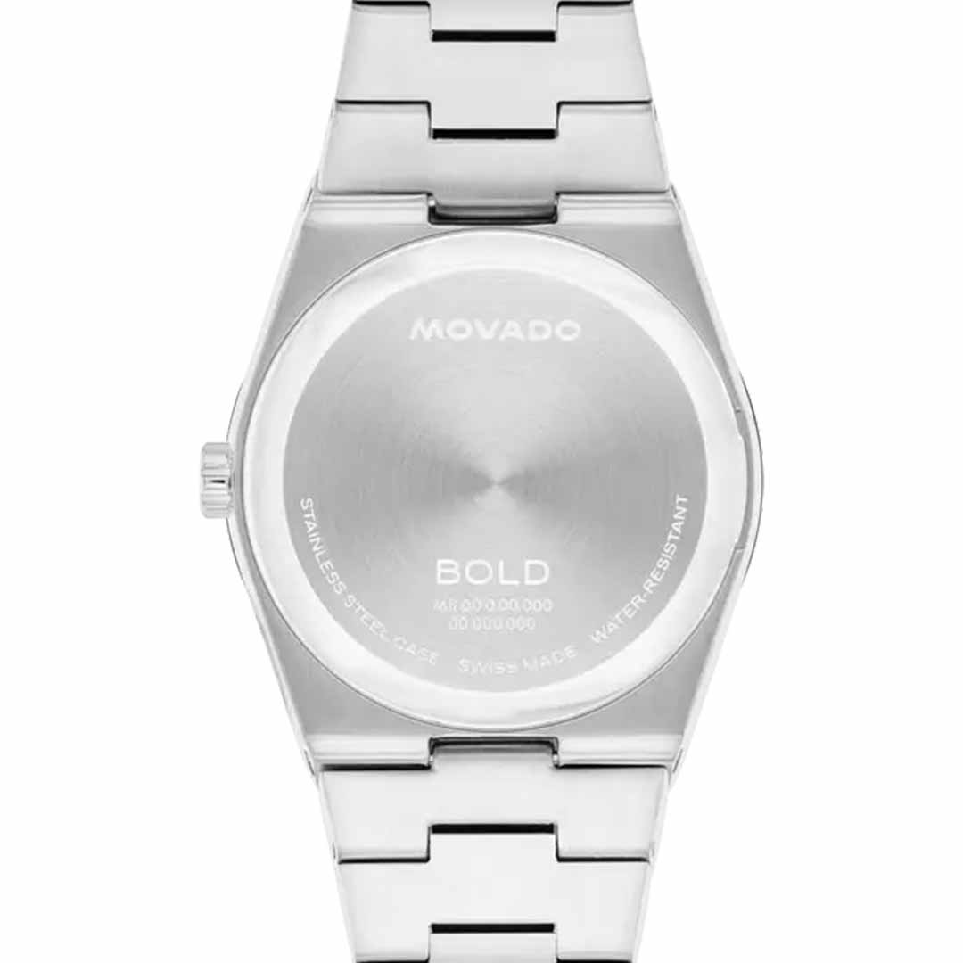 The rear of the Movado BOLD Quest Quartz 35mm Watch, featuring a silver metal link strap, highlights its refined BOLD Quest design. Details such as "STAINLESS STEEL CASE" and "SWISS MADE" are inscribed on it. This sophisticated piece is complemented beautifully by its seafoam blue sunray dial and stainless steel hands.