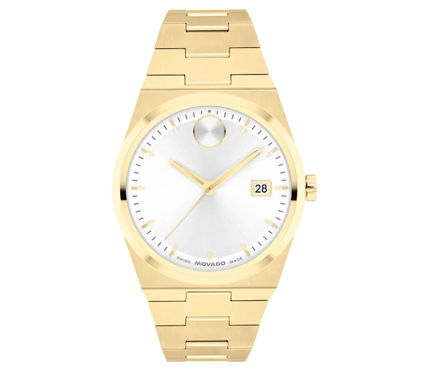 The Movado BOLD Quest Quartz 35mm Watch from Movado exemplifies a minimalist design with its gold wristwatch featuring a white dial, gold hands, and an integrated bracelet crafted from polished gold links. It includes a date display at the three o'clock position and showcases a distinctive dot at twelve, capturing the essence of BOLD Quest.