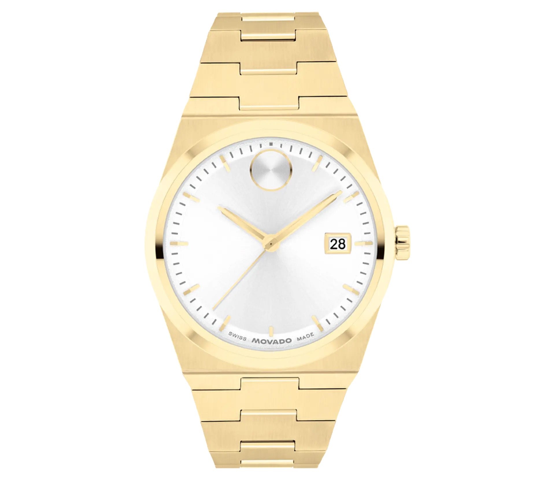 The Movado BOLD Quest Quartz 35mm Watch from Movado exemplifies a minimalist design with its gold wristwatch featuring a white dial, gold hands, and an integrated bracelet crafted from polished gold links. It includes a date display at the three o'clock position and showcases a distinctive dot at twelve, capturing the essence of BOLD Quest.