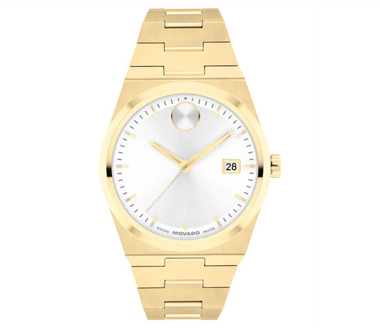 The Movado BOLD Quest Quartz 35mm Watch from Movado exemplifies a minimalist design with its gold wristwatch featuring a white dial, gold hands, and an integrated bracelet crafted from polished gold links. It includes a date display at the three o'clock position and showcases a distinctive dot at twelve, capturing the essence of BOLD Quest.