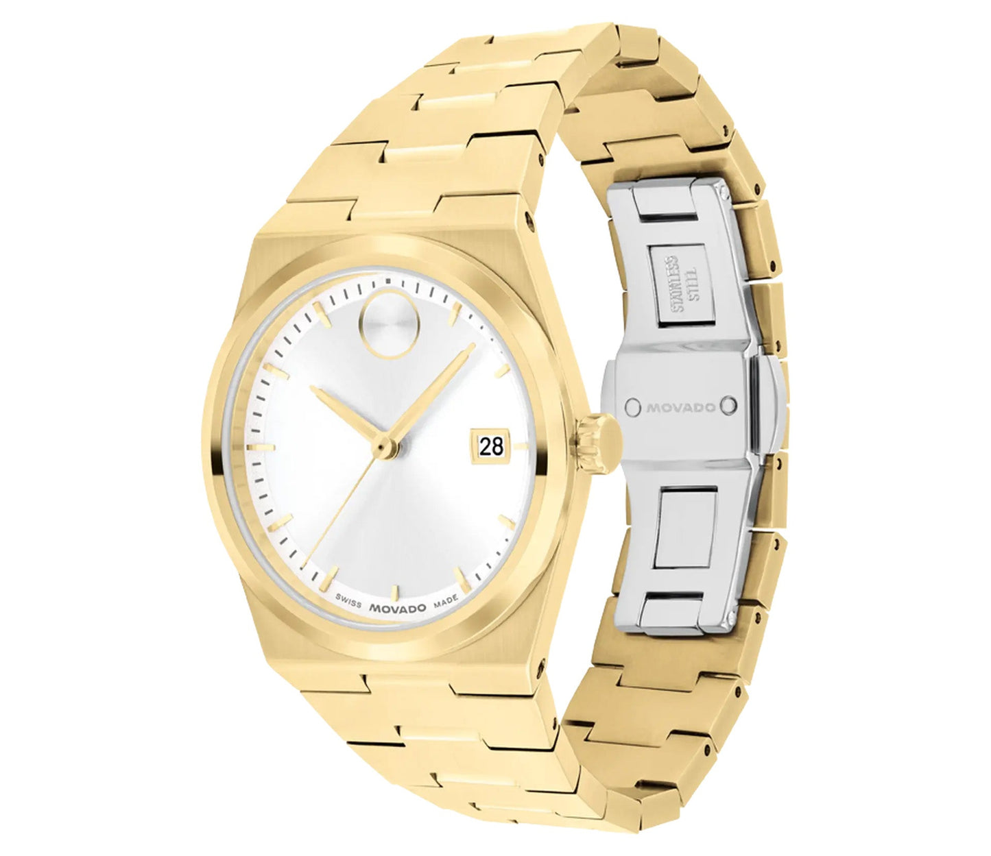 The Movado BOLD Quest Quartz 35mm Watch from Movado features a gold-tone design with an integrated bracelet and metallic band. It showcases a uniquely shaped case and white dial, along with two hands, a date window, and a minimalist style that boldly stands out.