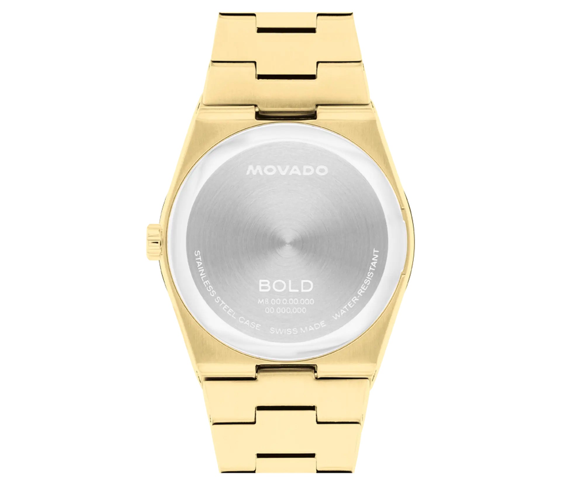 The image displays the back of a Movado BOLD Quest Quartz 35mm wristwatch, featuring a smooth silver center and an integrated gold-tone metal link bracelet. The watch includes text detailing the Movado brand, BOLD Quest model, and material specifications.