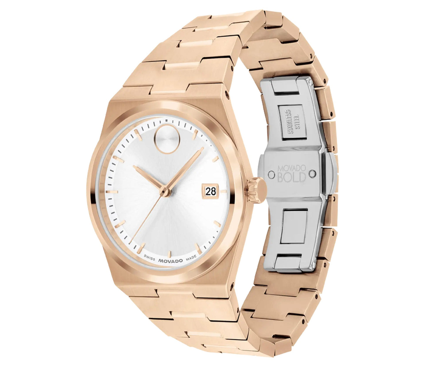 Introducing the Movado BOLD Quest Quartz 35mm Watch by Movado: a gold stainless steel wristwatch boasting a round face with a minimalist design and no hour markers. It showcases rose gold tone hands and includes a small date window at 3 o'clock. The integrated bracelet adds to its polished finish, delivering a sleek appearance.