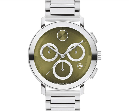 The Movado BOLD Evolution 2.0 Quartz 42mm Watch by Movado features a stainless steel chronograph design with an olive green face, three subdials, a round date window, and a minimalistic dot at the 12 o'clock position. Its polished metal bracelet enhances its sleek aesthetic and bold case, giving it a modern and refined appearance.