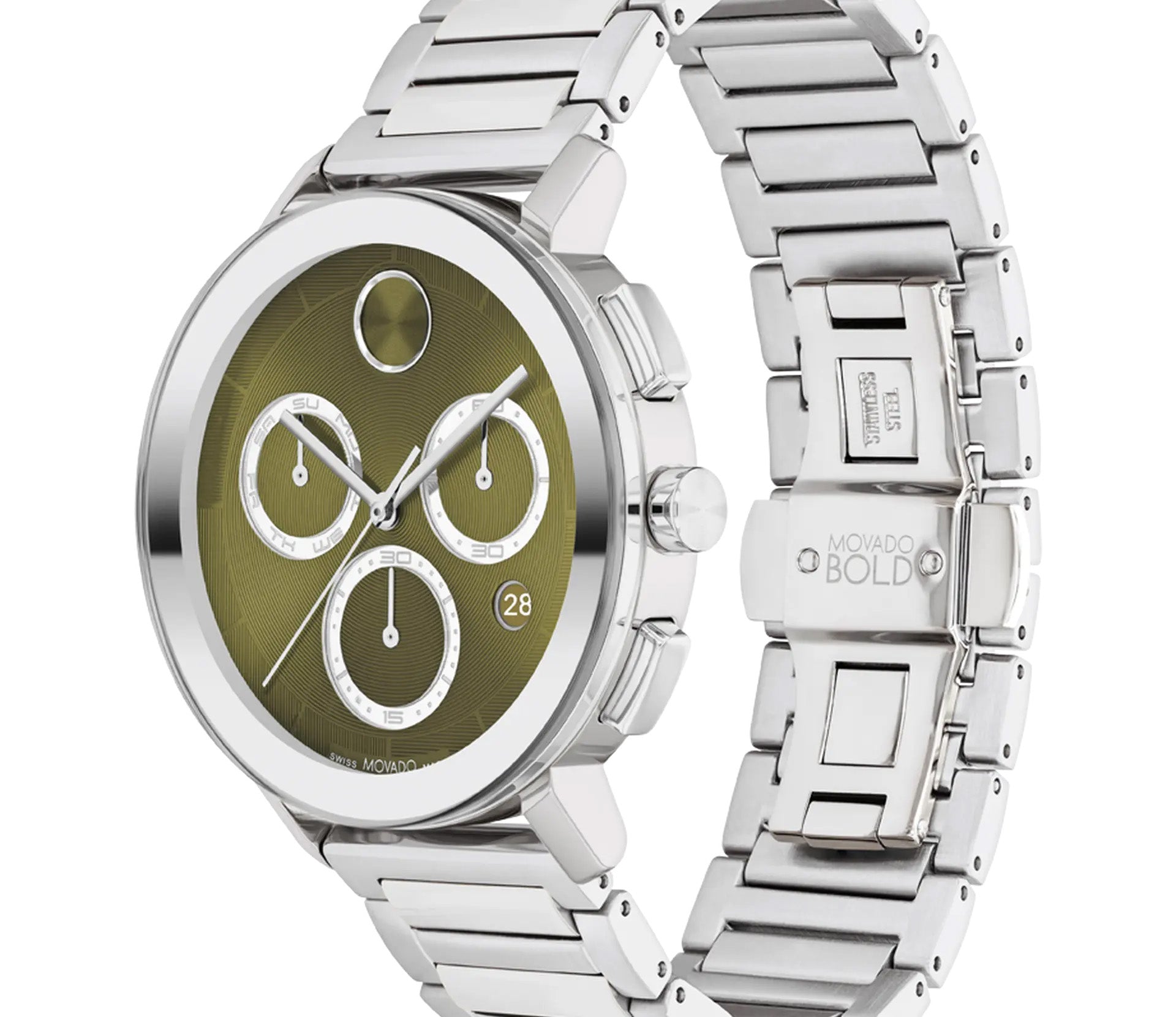 The Movado BOLD Evolution 2.0 Quartz 42mm Watch features a round olive-green micro-textured dial with three sub-dials and a date display at the four o'clock position. It includes a stainless steel chronograph, a brushed metal band, and a polished bezel, with "Movado Bold" elegantly embossed on the clasp.