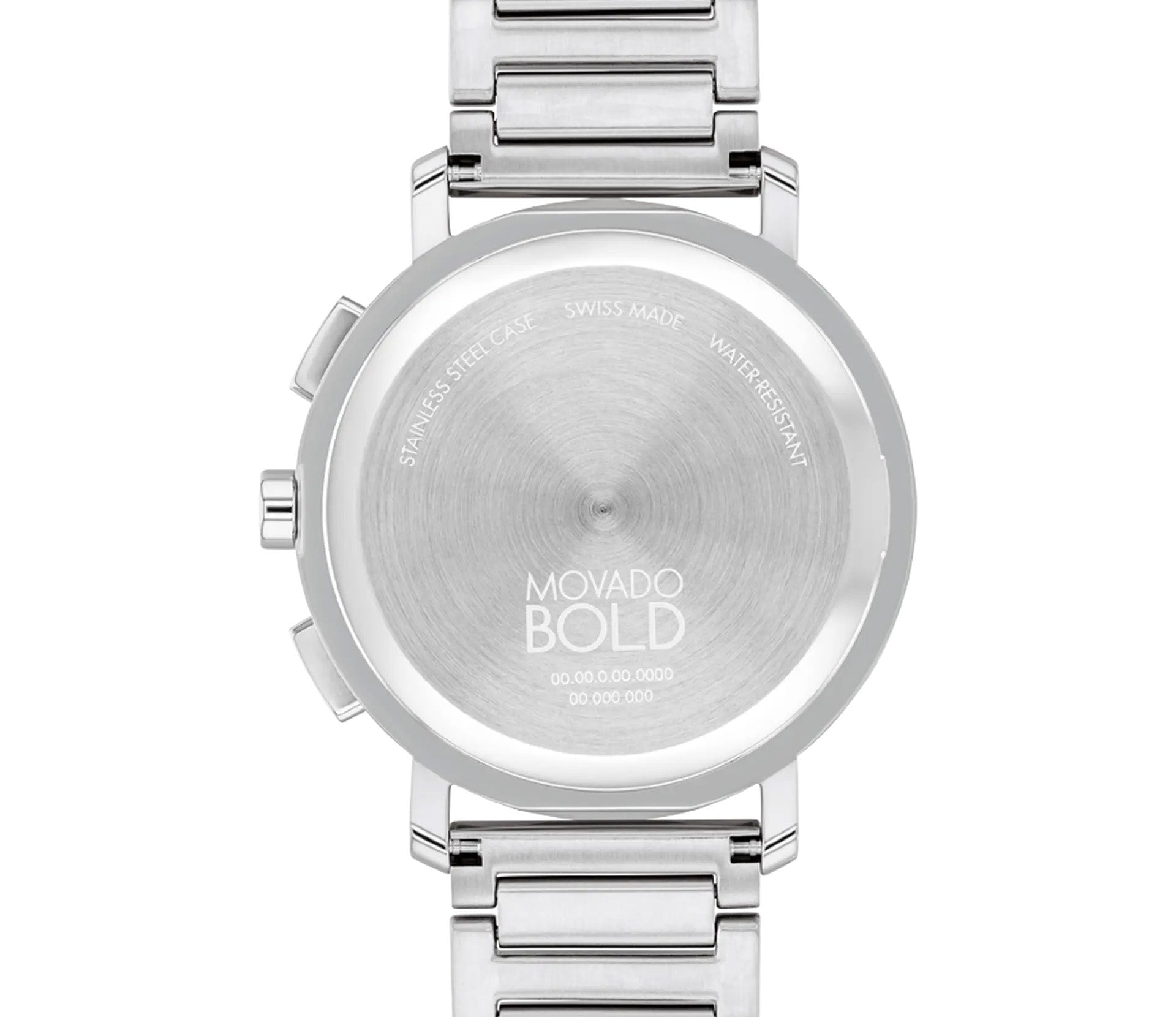 Back view of a silver Movado BOLD Evolution 2.0 Quartz 42mm watch featuring a bold case and stainless steel bracelet. The back is engraved with "SWISS MADE" and "WATER RESISTANT," among other details, and showcases a brushed metal finish.