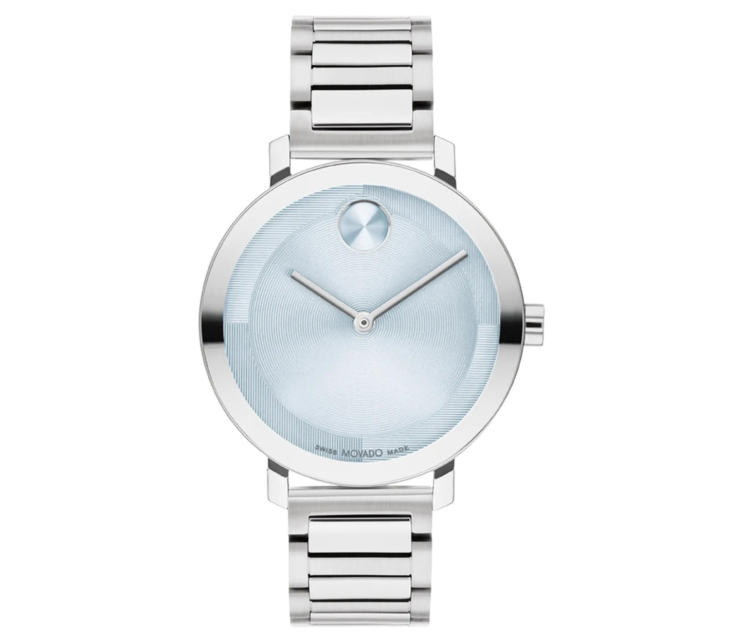 The Movado BOLD Evolution 2.0 Quartz 34mm Watch by Movado is a sleek and minimalist silver wristwatch, showcasing an ice blue lacquer dial. It includes a thin, round case with narrow hour and minute hands, along with a single dot at the 12 o'clock position. The metallic bracelet boasts a polished finish.