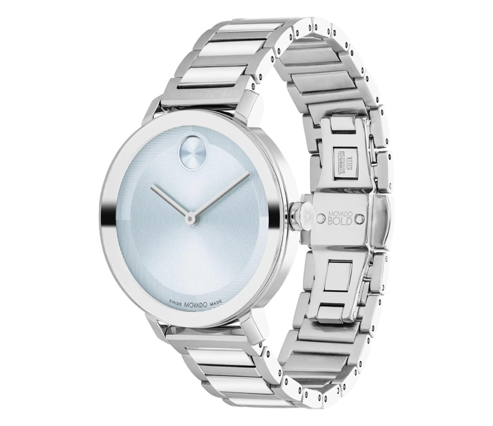 The Movado BOLD Evolution 2.0 Quartz 34mm Watch by Movado is a sleek, silver-toned wristwatch with an ice blue lacquer dial showcasing a minimalist round face without numerals. It features two simple hands and a metallic bracelet-style band, embodying a modern and elegant design.