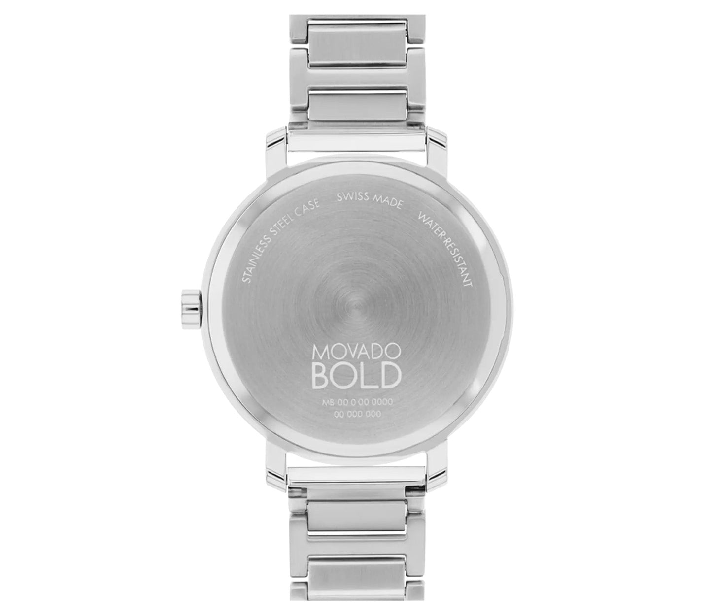 The image displays the back of a Movado BOLD Evolution 2.0 Quartz 34mm watch, which combines a stainless steel case with a silver band. Engravings include "Stainless Steel Case," "Swiss Made," and "Water Resistant." This model showcases an exquisite ice blue lacquer dial, adding a touch of elegance to its design.