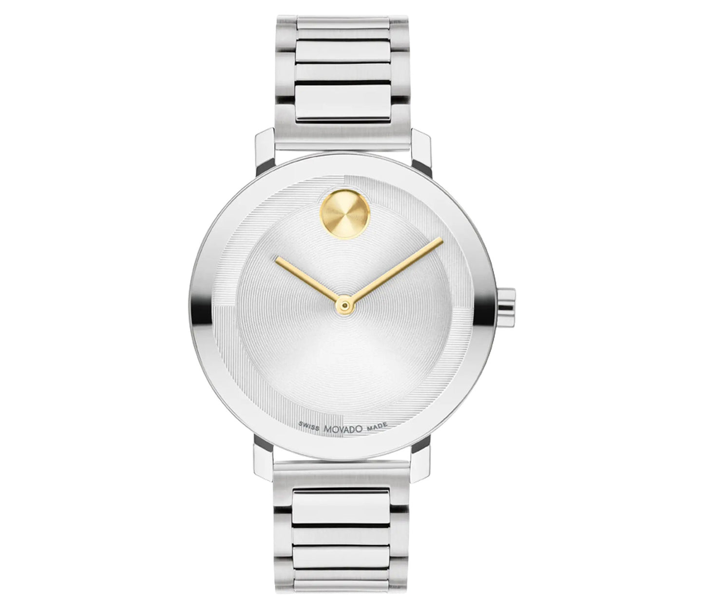 The Movado BOLD Evolution 2.0 Quartz 34mm Watch by Movado features a minimalist design, characterized by a silver metal bracelet and a polished silvertone lacquer dial. A gold dot at the 12 o'clock position enhances its elegance, in harmony with the slender gold hands on its round face.