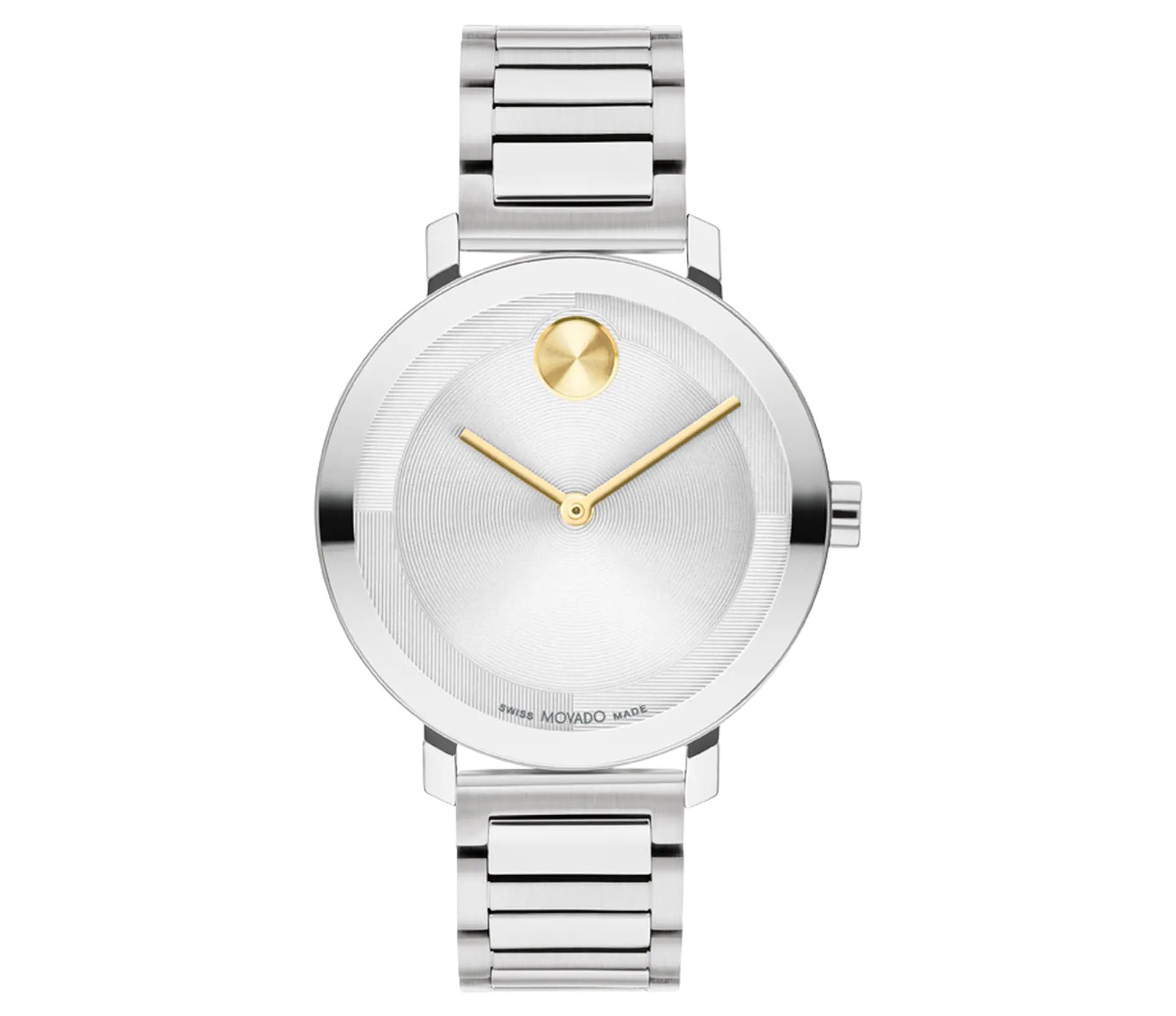 The Movado BOLD Evolution 2.0 Quartz 34mm Watch by Movado features a minimalist design, characterized by a silver metal bracelet and a polished silvertone lacquer dial. A gold dot at the 12 o'clock position enhances its elegance, in harmony with the slender gold hands on its round face.