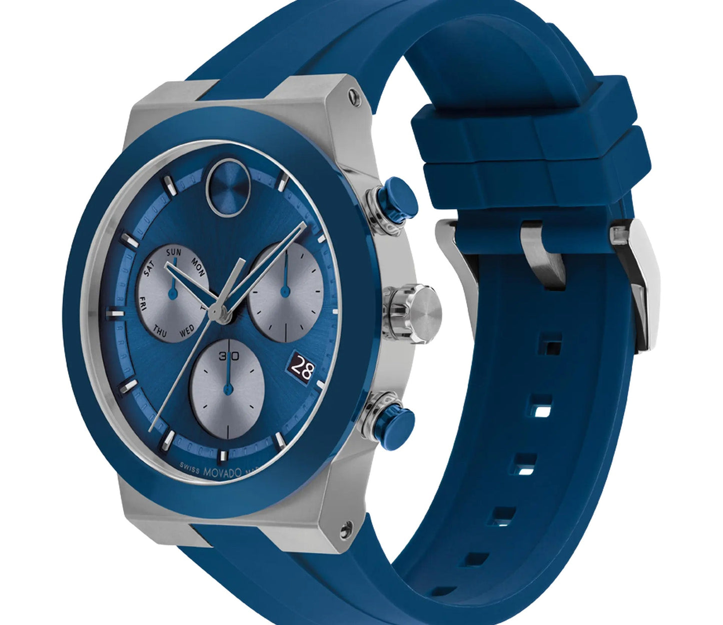 Introducing the Movado BOLD Fusion Quartz 44.5mm Watch—an exceptional timepiece with a blue retro-futurist design. Featuring three subdials and a date display, this watch pairs a rubber band with a silver bezel, while Swiss Super-LumiNova® enhances the dial for unparalleled clarity.