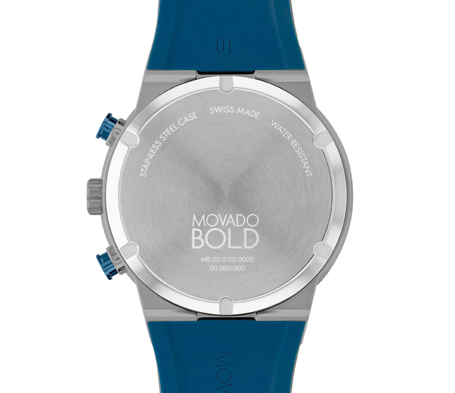 Back view of the Movado BOLD Fusion Quartz 44.5mm Watch, featuring a blue strap and a silver stainless steel case that highlights its retro-futurist design. The inscriptions include "STAINLESS STEEL CASE," "SWISS MADE," and the innovative Swiss Super-LumiNova®. The crown and buttons are elegantly blue.