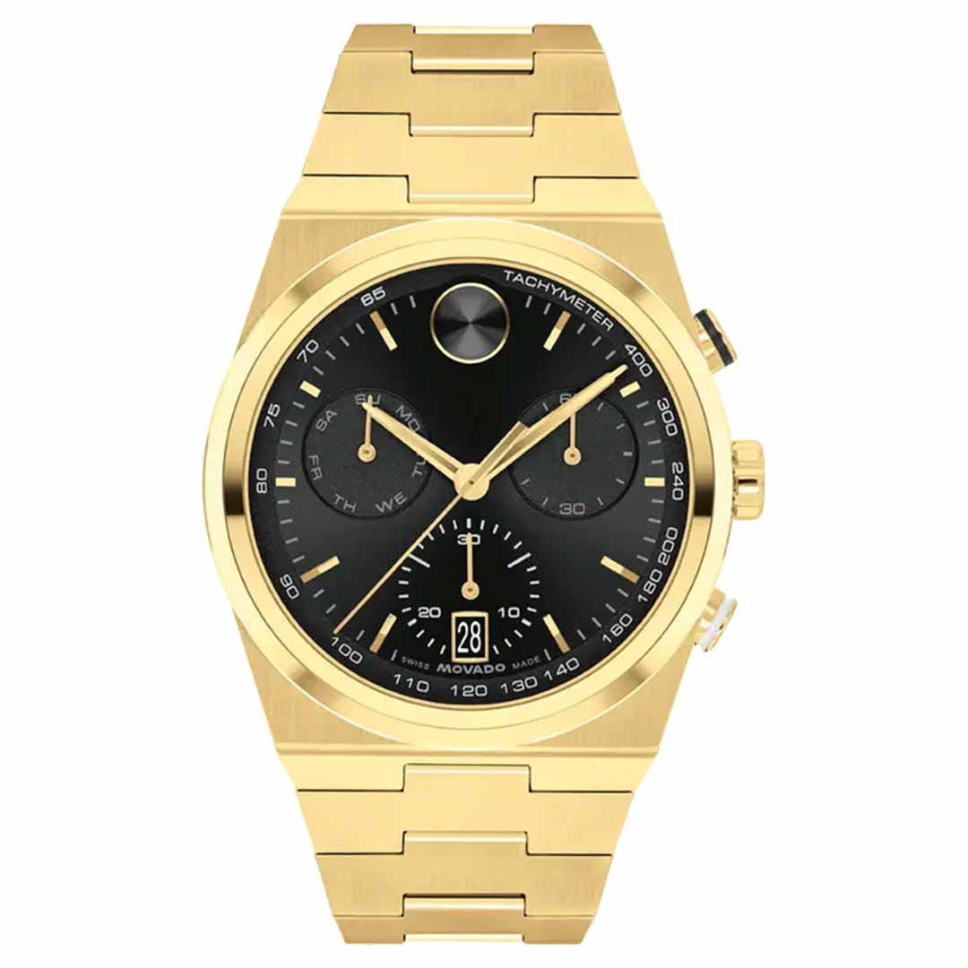 The Movado BOLD Quest Quartz 42mm Watch is a stunning gold wristwatch featuring a tachymeter and a black dial with three sub-dials and a date display. Its integrated bracelet has a polished finish, effortlessly combining style and function.