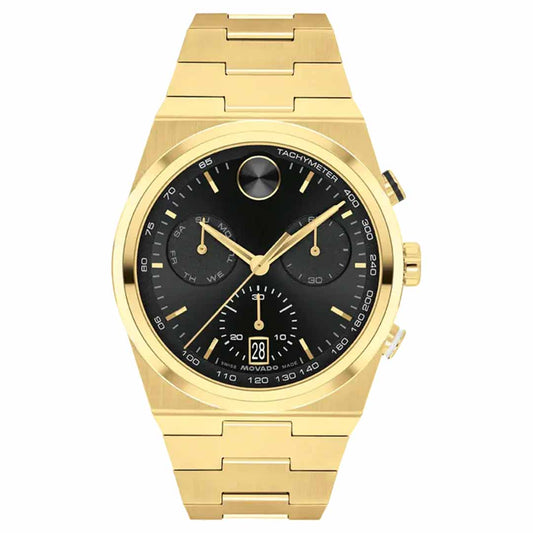 The Movado BOLD Quest Quartz 42mm Watch is a stunning gold wristwatch featuring a tachymeter and a black dial with three sub-dials and a date display. Its integrated bracelet has a polished finish, effortlessly combining style and function.