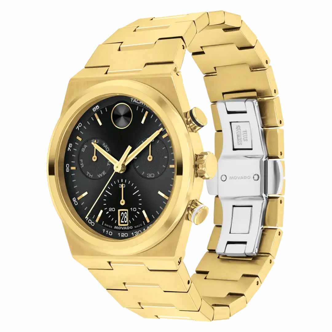The Movado BOLD Quest Quartz 42mm Watch impressively showcases a gold wristwatch with an integrated bracelet. It features a striking black dial with three sub-dials and a date display, complemented by a gold bezel and an exquisite strap that artfully combines gold and silver tones.