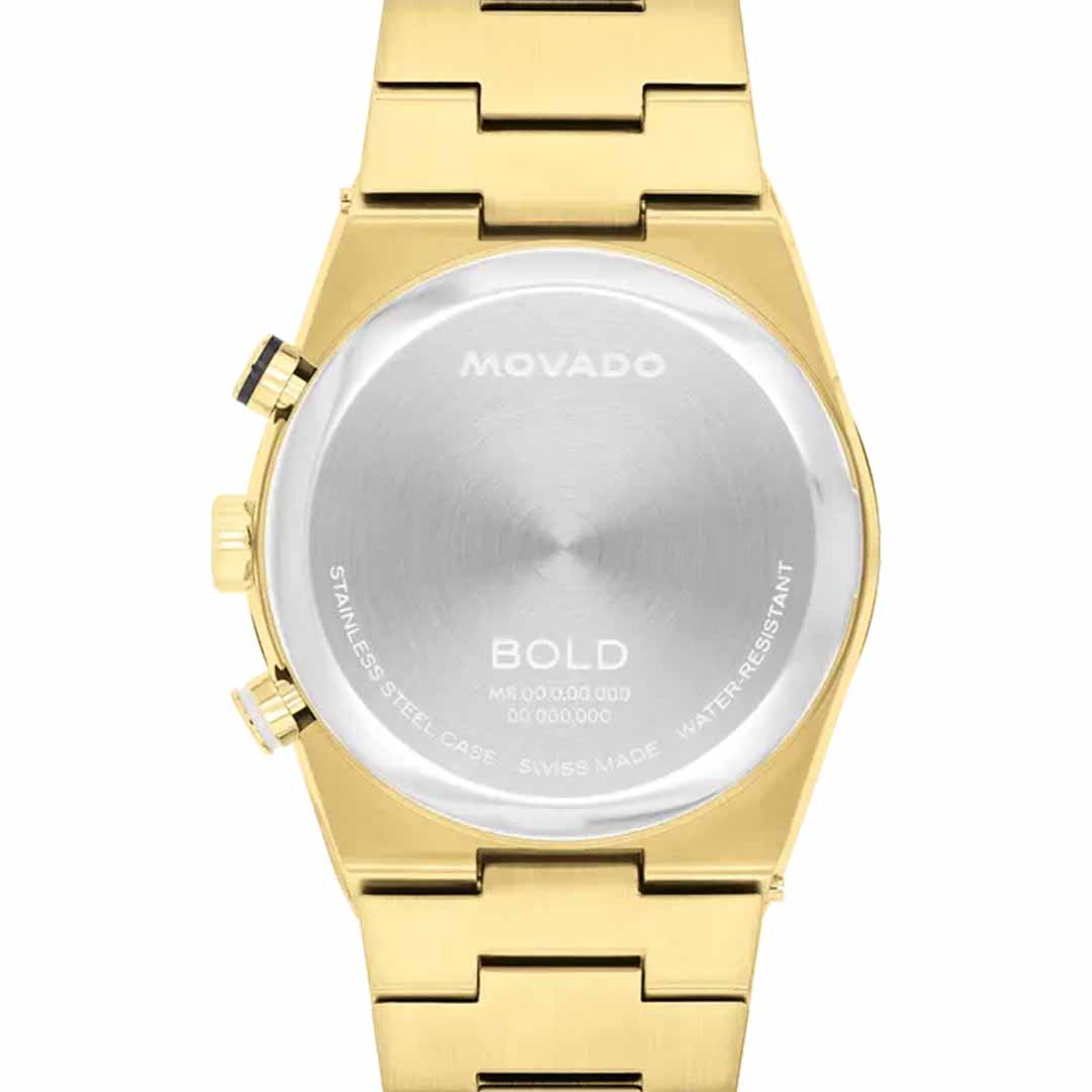 The image displays the reverse side of a Movado BOLD Quest Quartz 42mm watch in gold. It includes a stainless steel case, integrated bracelet, and is marked with "Swiss Made" and "Water Resistant." The watch boasts a polished finish along with a robust metal link bracelet.