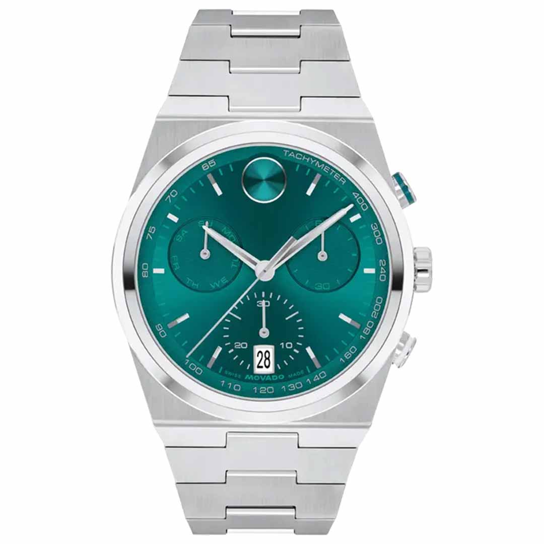 Introducing the Movado BOLD Quest Quartz 42mm Watch: a silver stainless steel timepiece with an integrated bracelet and a dazzling teal dial. It features three sub-dials, a date function, and polished metallic finish, enhancing sleek modernity in any ensemble.