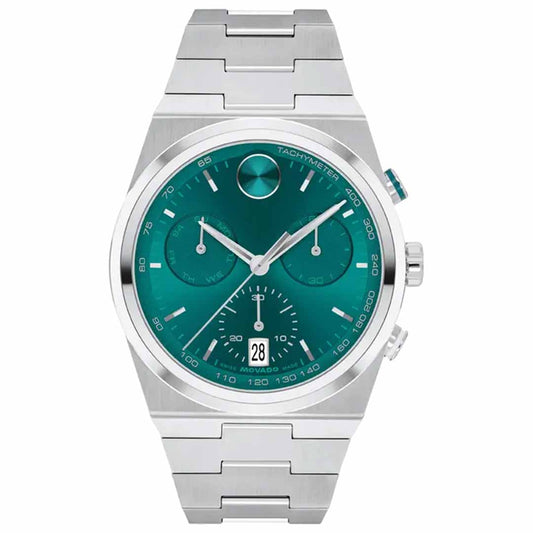 Introducing the Movado BOLD Quest Quartz 42mm Watch: a silver stainless steel timepiece with an integrated bracelet and a dazzling teal dial. It features three sub-dials, a date function, and polished metallic finish, enhancing sleek modernity in any ensemble.