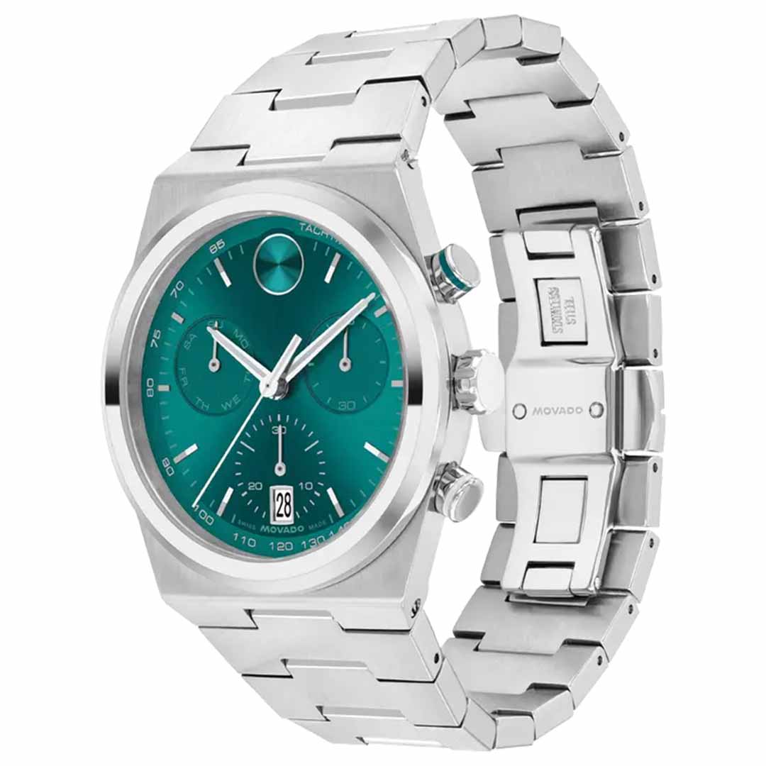 The Movado BOLD Quest Quartz 42mm Watch is a luxury wristwatch that showcases an integrated bracelet and a sport green dial. It features three subdials, a date display, and is equipped with two push buttons and a crown on the right side, merging functionality with elegance.
