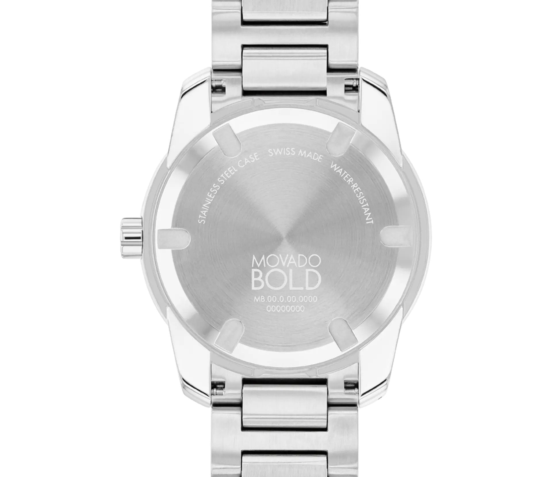 The image showcases the back of a Movado BOLD Verso Quartz 42mm watch, highlighting its stainless steel construction and metal bracelet. It features engravings such as "Stainless Steel Case," "Swiss Made," "Water Resistant," along with the serial number, all of which contribute to a sleek elegance that complements its military grey dial.