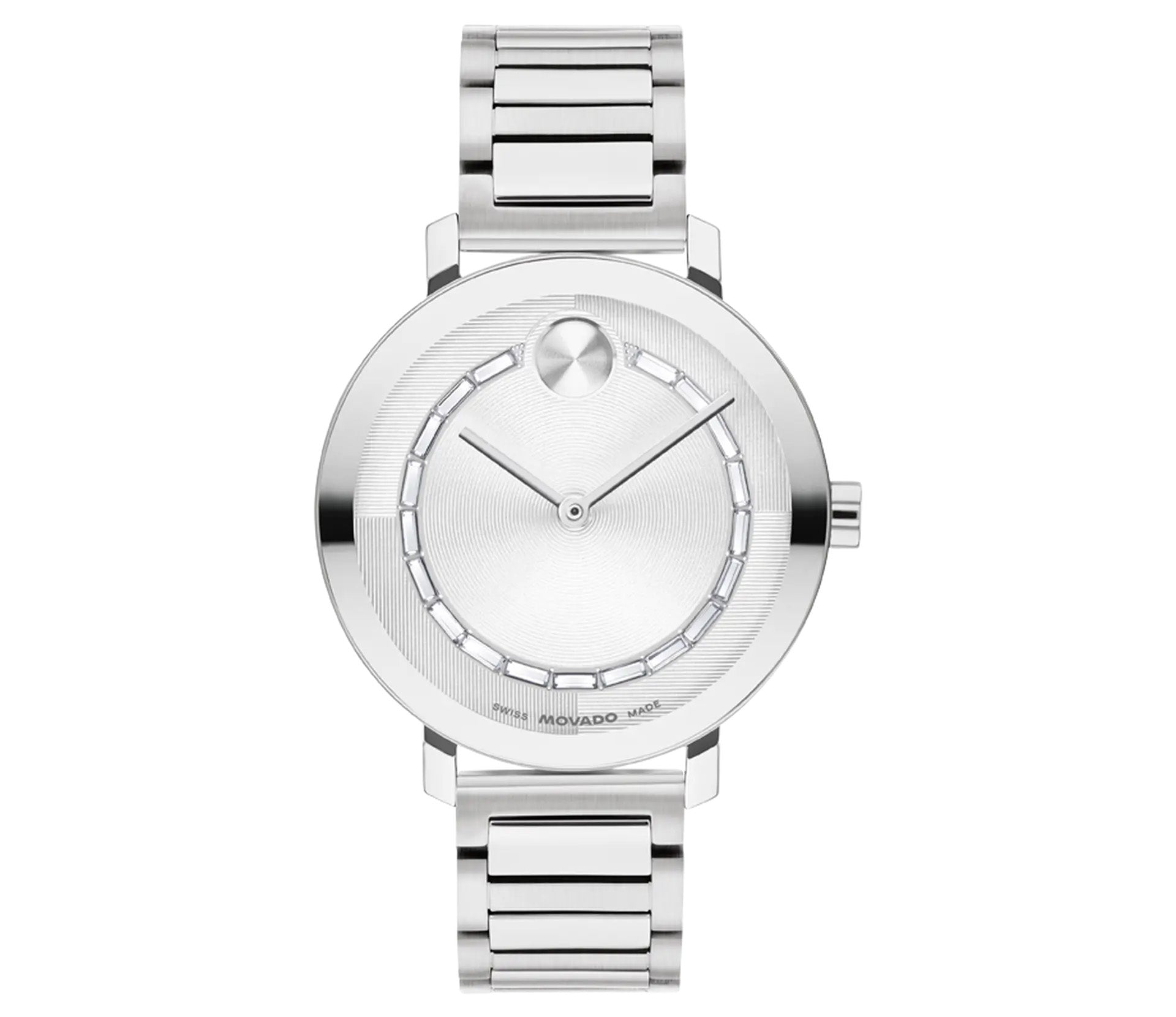 Introducing the Movado BOLD Evolution 2.0 Quartz 34mm Watch by Movado, a stylish timepiece featuring a minimalist round case design. The elegant silver-tone lacquer dial is distinguished by a single dot at 12 o'clock, complemented perfectly by subtle watch hands and an exquisite silver bracelet for timeless sophistication.