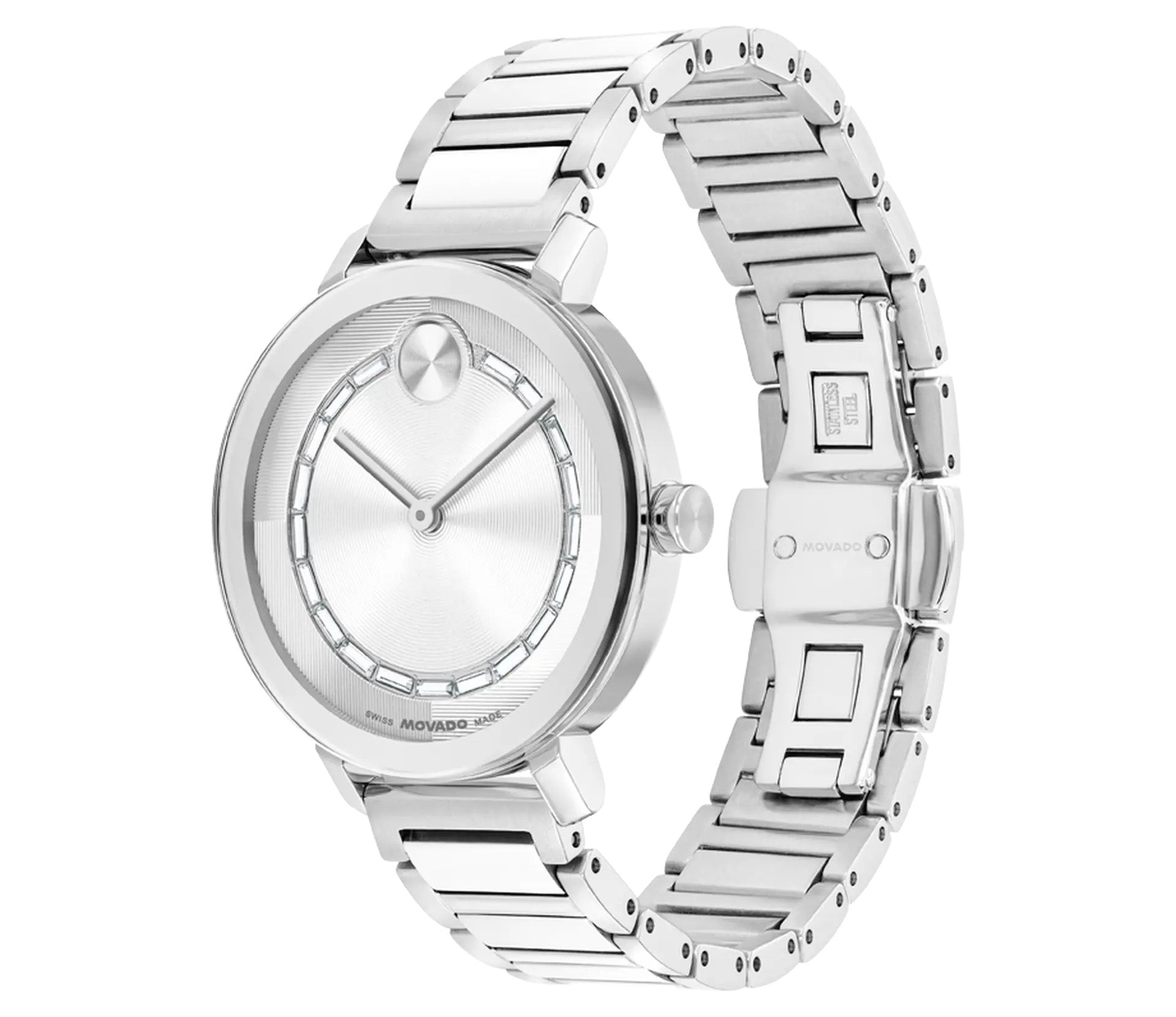 The Movado BOLD Evolution 2.0 Quartz 34mm Watch by Movado features a sleek silver finish and minimalist design with a micro-textured dial and round face, highlighted by silver hour markers and hands. Its intricate metal strap and polished case enhance its elegant and modern look.