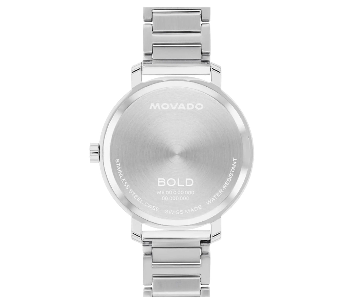 The image showcases the reverse side of a silver Movado BOLD Evolution 2.0 Quartz 34mm watch, featuring a stainless steel bracelet. Engraved details accentuate its make, model, and water resistance, while alluding to its refined micro-textured dial design.