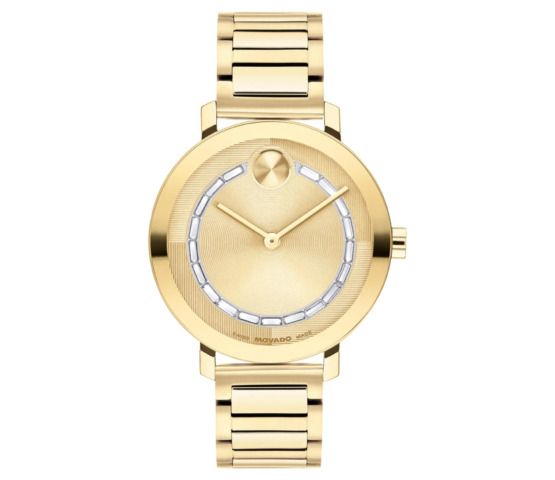 The Movado BOLD Evolution 2.0 Quartz 34mm watch features a minimalist gold-tone design with a round face, characterized by the absence of numbers and a single dot at the 12 o'clock position. Its subtle textured pattern enhances its elegance, and the link bracelet adds to its sophisticated look.