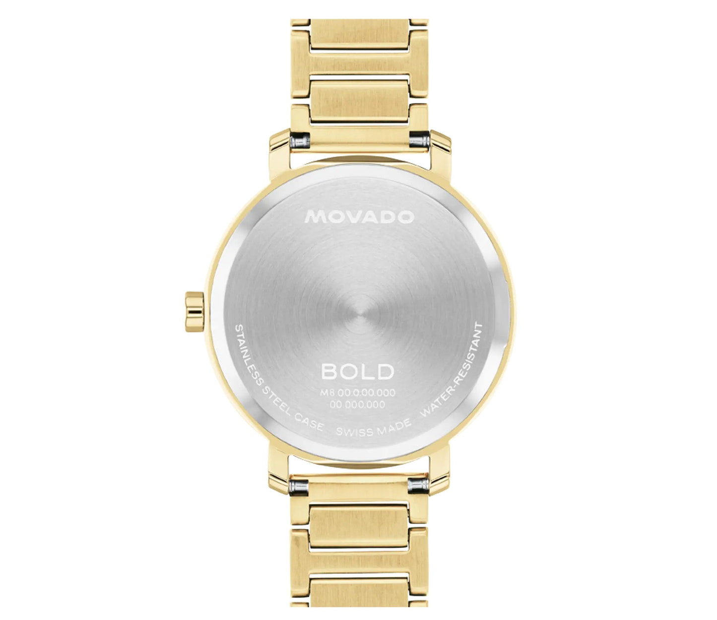 The image displays the back of a Movado BOLD Evolution 2.0 Quartz 34mm watch, featuring an elegant gold metal band. This model includes a stainless steel back that is engraved with details such as water resistance and Swiss-made quality, perfectly complementing its micro-textured dial.