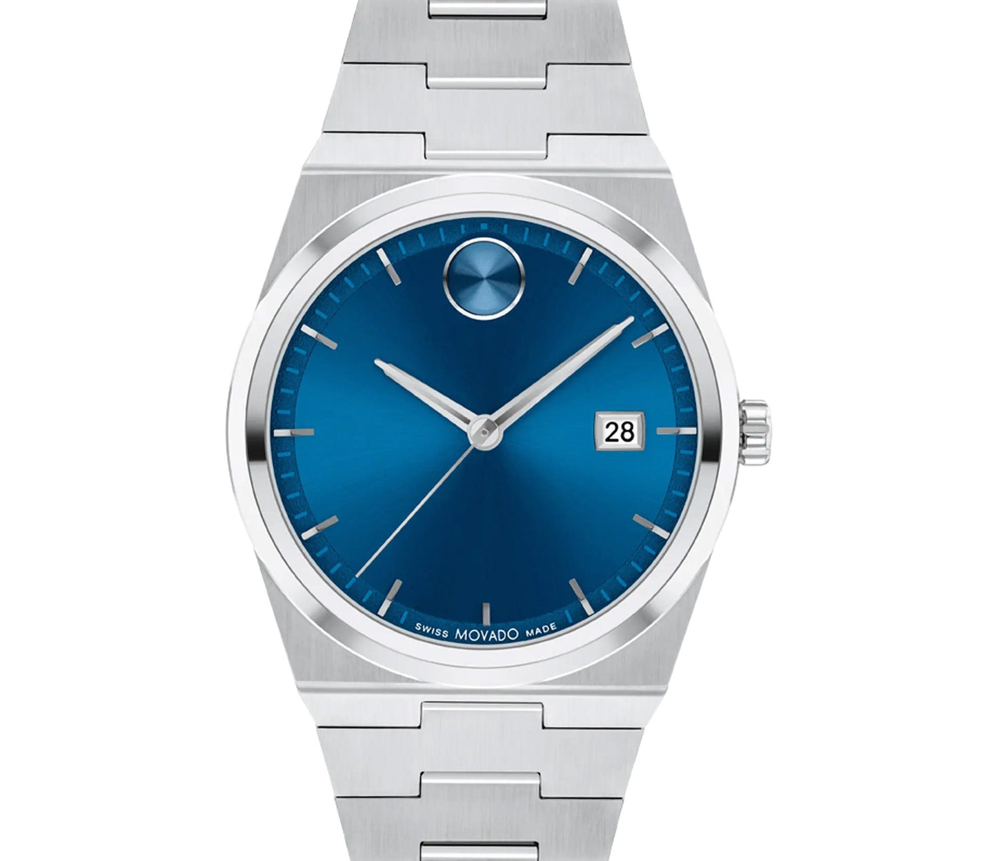 The Movado BOLD Quest Quartz 40mm Watch showcases a silver wristwatch design with a striking blue sunray dial, complete with silver hour markers, a distinctive round marker at the 12 o'clock position, and a date window at 3 o'clock. Its integrated bracelet enhances the seamless metallic finish of the watch case for an elegant look.