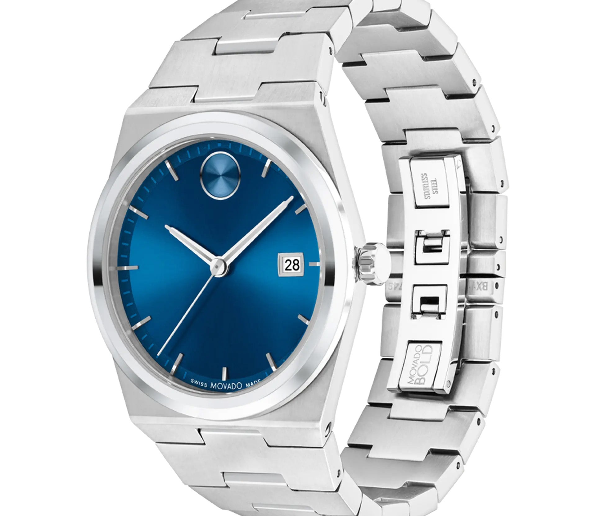 Introducing the Movado BOLD Quest Quartz 40mm Watch by Movado, a sleek stainless steel wristwatch featuring a blue sunray dial. Its minimalist design includes a distinct single dot at the 12 o'clock position and a convenient date window at 3 o'clock. The watch's polished integrated bracelet completes its elegant look with a secure clasp.