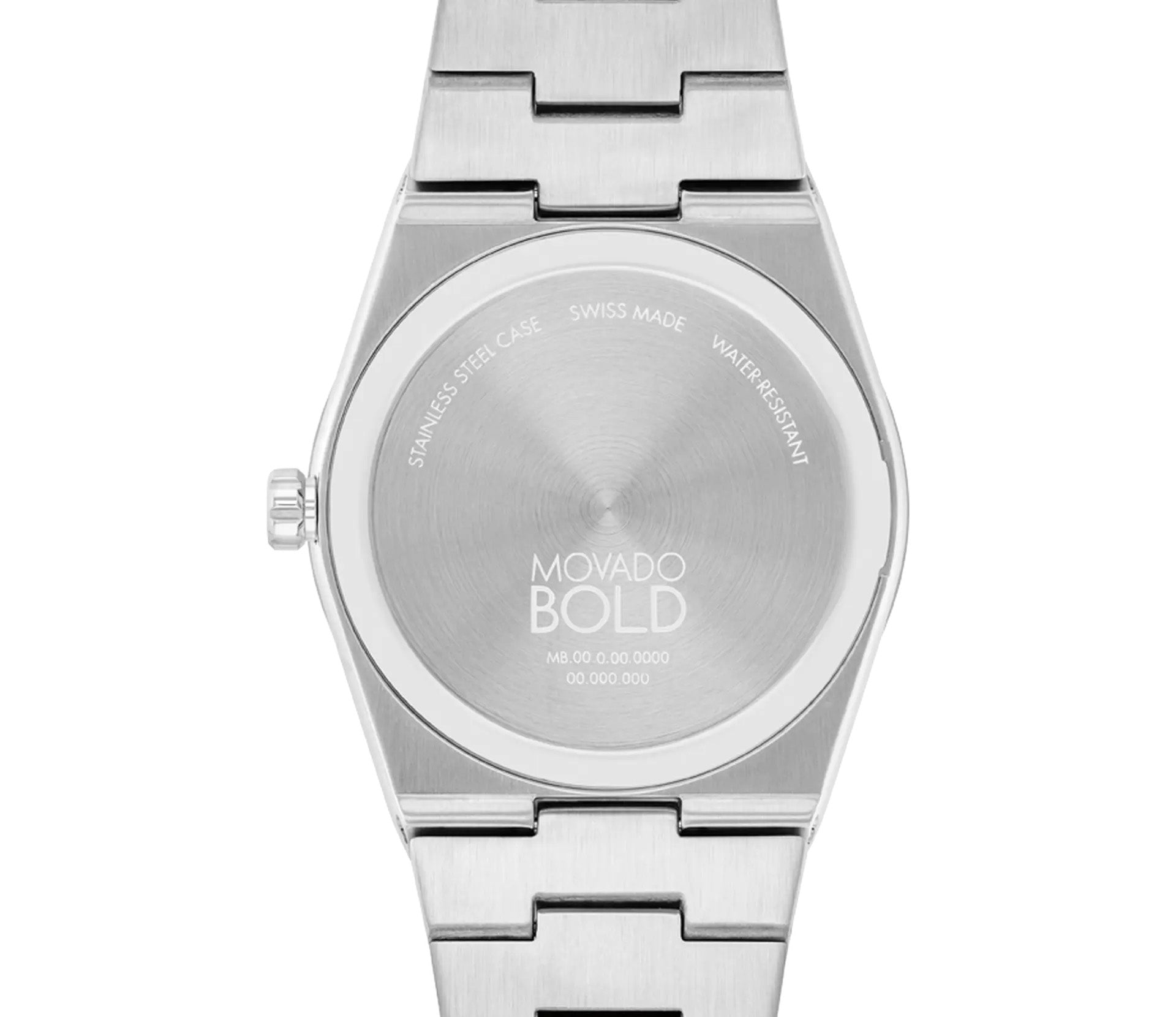 Back view of the stainless steel Movado BOLD Quest Quartz 40mm Watch, showcasing an engraved logo and text indicating Swiss made and water resistance. The minimalist design is highlighted, featuring an integrated bracelet that enhances its sophisticated appearance.