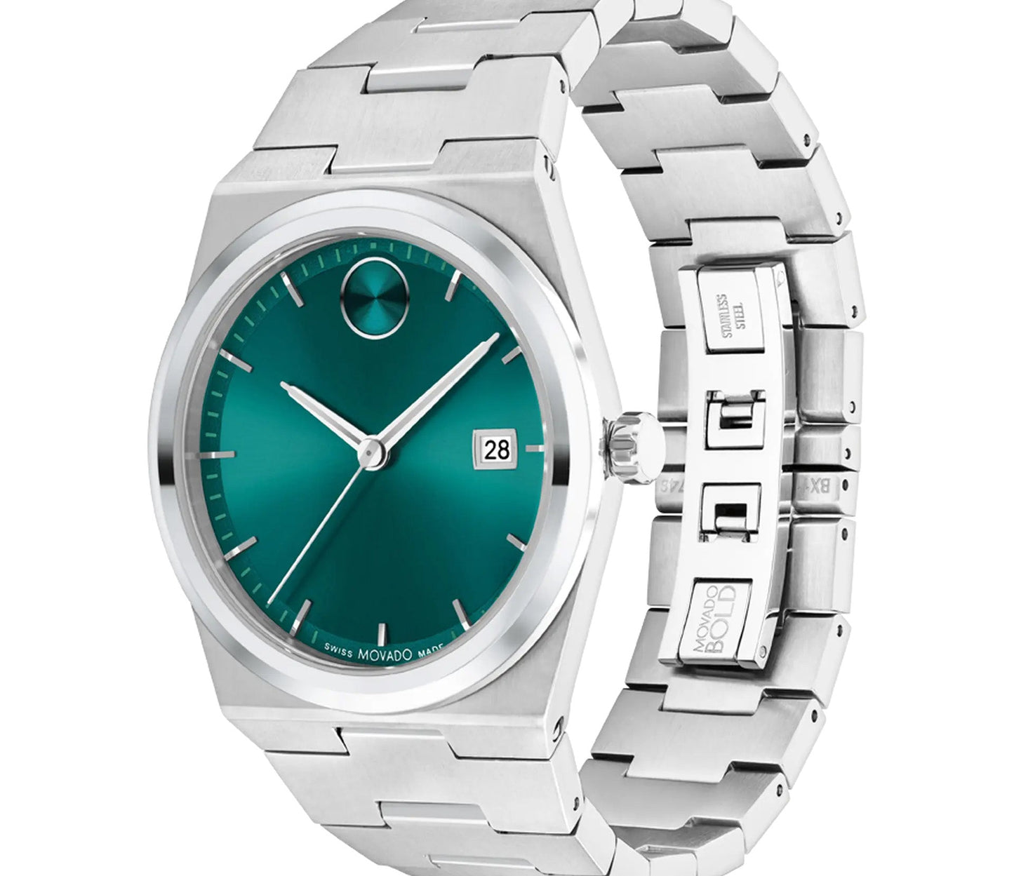 Introducing the Movado BOLD Quest Quartz 40mm Watch, featuring a silver wristwatch design with an integrated steel bracelet and a stunning green sunray dial. The minimalist watch face showcases Movado's signature single dot at 12 o'clock, accompanied by a date window at 3 o'clock and sleek metal hour markers and hands for a modern touch.