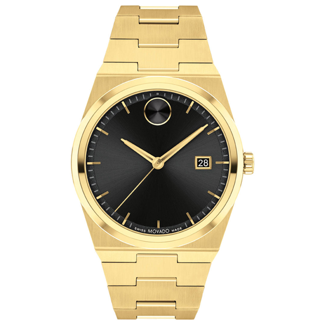 The Movado BOLD Quest Quartz 40mm Watch features a sleek gold-tone case, black sunray dial with minimal markers, gold hands, date display at 3 o’clock, and an integrated gold link bracelet for a modern look.