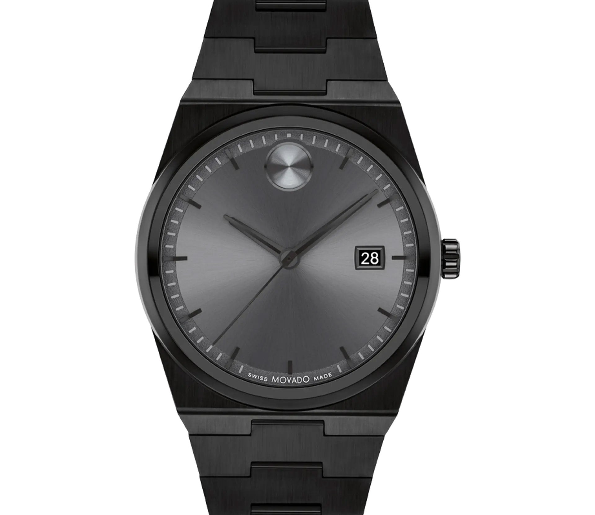 Introducing the Movado BOLD Quest Quartz 40mm Watch by Movado: a sleek black wristwatch epitomizing minimalist design with its gunmetal sunray dial. This elegant timepiece features a clean face adorned with a single dot at 12 o'clock and a date window at 3 o'clock, perfectly complemented by a matching black metal bracelet.