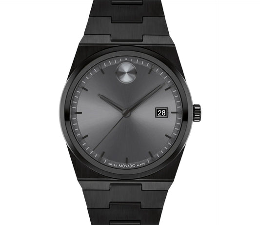 Introducing the Movado BOLD Quest Quartz 40mm Watch by Movado: a sleek black wristwatch epitomizing minimalist design with its gunmetal sunray dial. This elegant timepiece features a clean face adorned with a single dot at 12 o'clock and a date window at 3 o'clock, perfectly complemented by a matching black metal bracelet.