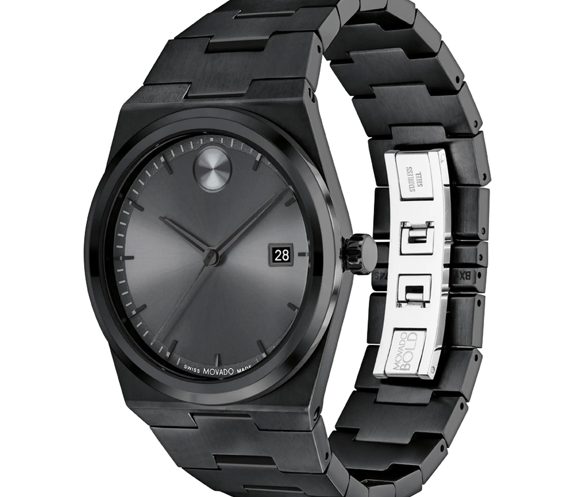 The Movado BOLD Quest Quartz 40mm Watch, from the esteemed brand Movado, is a sleek black stainless steel wristwatch with a minimalist design. It features a round grey dial with a date display at 3 o'clock. The shaped case is complemented by an integrated bracelet with a fold-over clasp, and "Movado" is discreetly positioned at the bottom of the face.