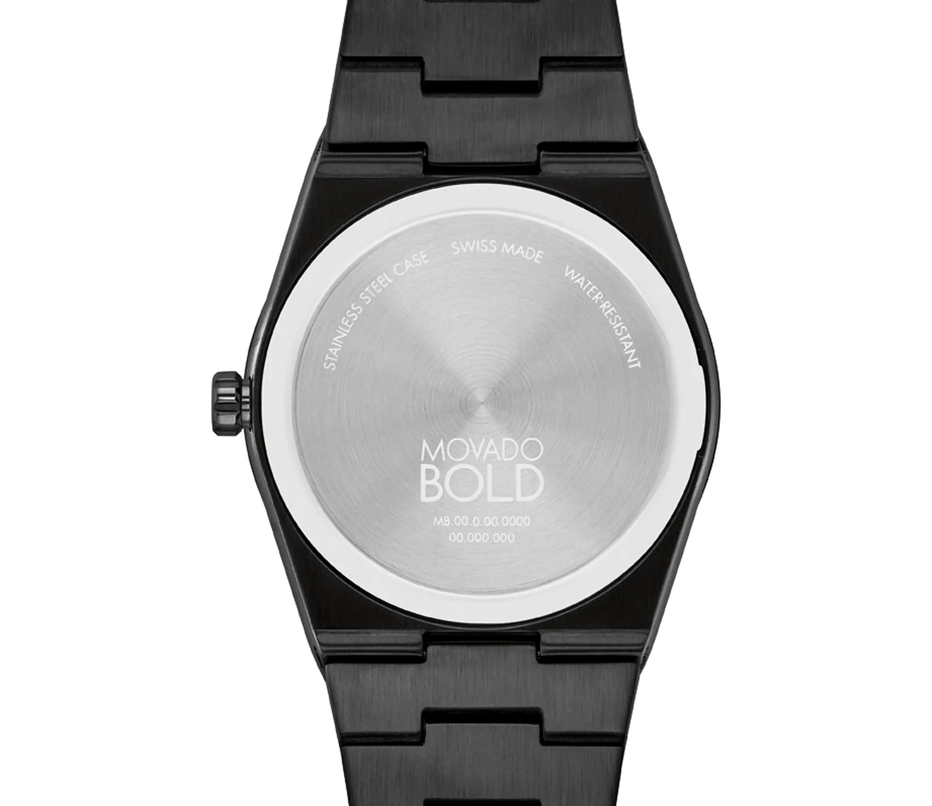 The image displays the back of the Movado BOLD Quest Quartz 40mm Watch. It showcases a black stainless steel band with an integrated bracelet and a matte finish, paired with a silver case back engraved with "Stainless Steel Case," "Swiss Made," and "Water Resistant." The watch is equipped with a single crown.