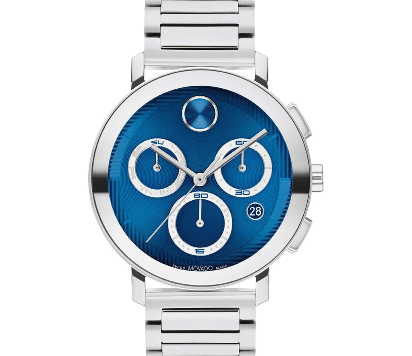 The Movado BOLD Evolution 2.0 Quartz 42mm Watch is a stunning timepiece that combines a stainless steel chronograph mechanism with an eye-catching blue, micro-textured dial. It features three subdials and a date window, and its circular face is complemented by a sleek link bracelet, making it an elegant accessory for any occasion.