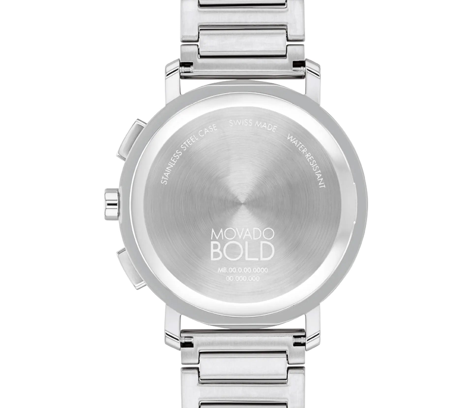 The image displays the back of a Movado BOLD Evolution 2.0 Quartz 42mm watch, featuring a stainless steel case and metal bracelet. Key highlights include subdials accented with stainless steel and a blue lacquer dial. The back is engraved with "Swiss Made" and "Water Resistant," enhanced by its brushed metal finish and two side buttons.