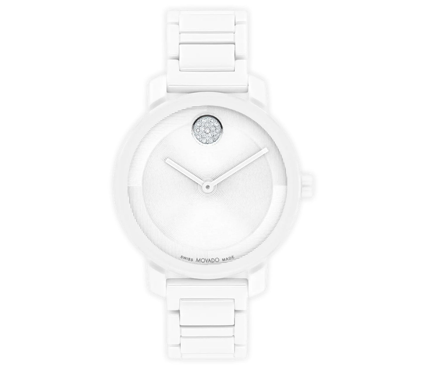 Introducing the Movado BOLD Evolution 2.0 Quartz 34mm Watch, an elegant timepiece from Movado that combines a minimalist design with a round white face and silver hands. This watch is highlighted by a small crystal accent at the 12 o'clock position and features a comfortable H-link bracelet. Its micro-textured dial enhances the subtle elegance of this exquisite piece.