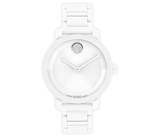 Introducing the Movado BOLD Evolution 2.0 Quartz 34mm Watch, an elegant timepiece from Movado that combines a minimalist design with a round white face and silver hands. This watch is highlighted by a small crystal accent at the 12 o'clock position and features a comfortable H-link bracelet. Its micro-textured dial enhances the subtle elegance of this exquisite piece.