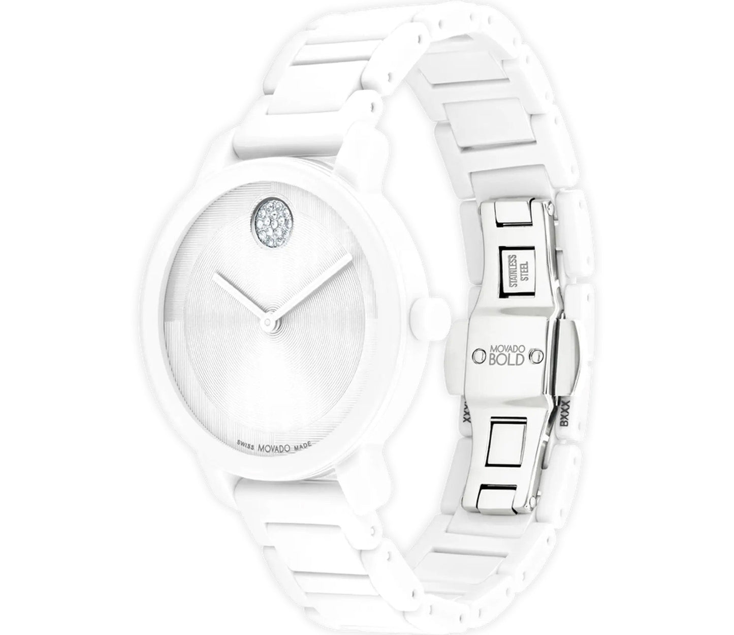 The Movado BOLD Evolution 2.0 Quartz 34mm Watch showcases a sleek design in white ceramic, highlighted by its minimalist appeal. It features a micro-textured dial accompanied by simple hour and minute hands. The flexible H-link bracelet, adorned with a metallic clasp embossed with the "Movado" brand, enhances its elegant look.