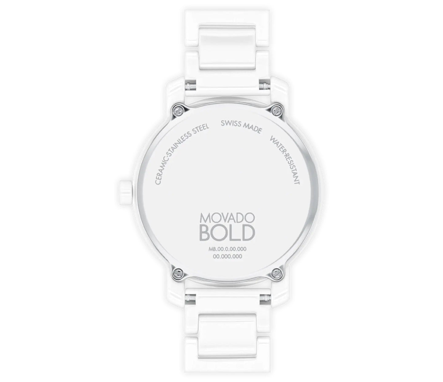 The back of the Movado BOLD Evolution 2.0 Quartz 34mm Watch highlights "Ceramic Stainless Steel," "Swiss Made," and "Water Resistant." This watch boasts a stylish white ceramic finish with a micro-textured dial, coupled with its round face and flexible H-link bracelet.