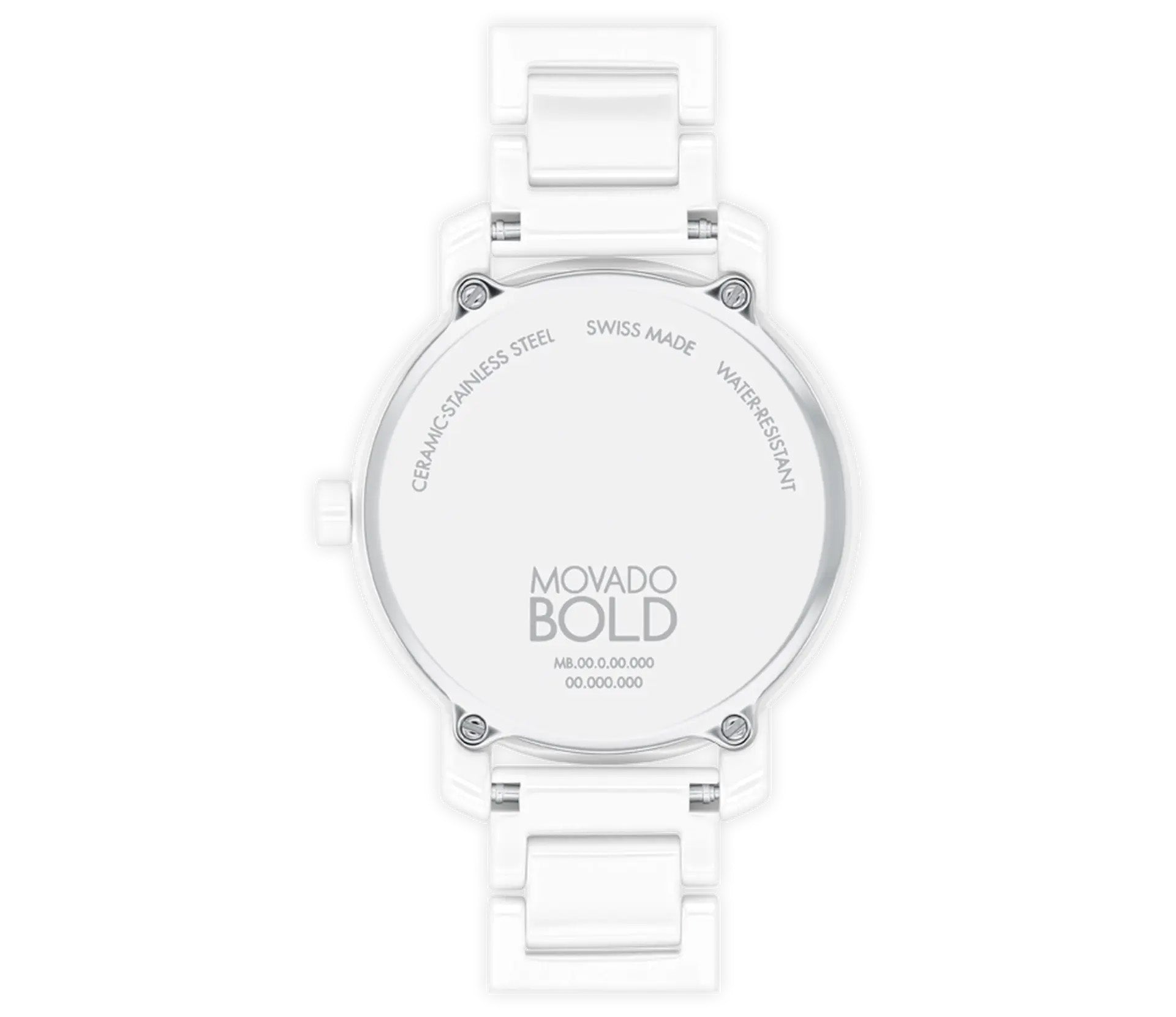 The back of the Movado BOLD Evolution 2.0 Quartz 34mm Watch highlights "Ceramic Stainless Steel," "Swiss Made," and "Water Resistant." This watch boasts a stylish white ceramic finish with a micro-textured dial, coupled with its round face and flexible H-link bracelet.