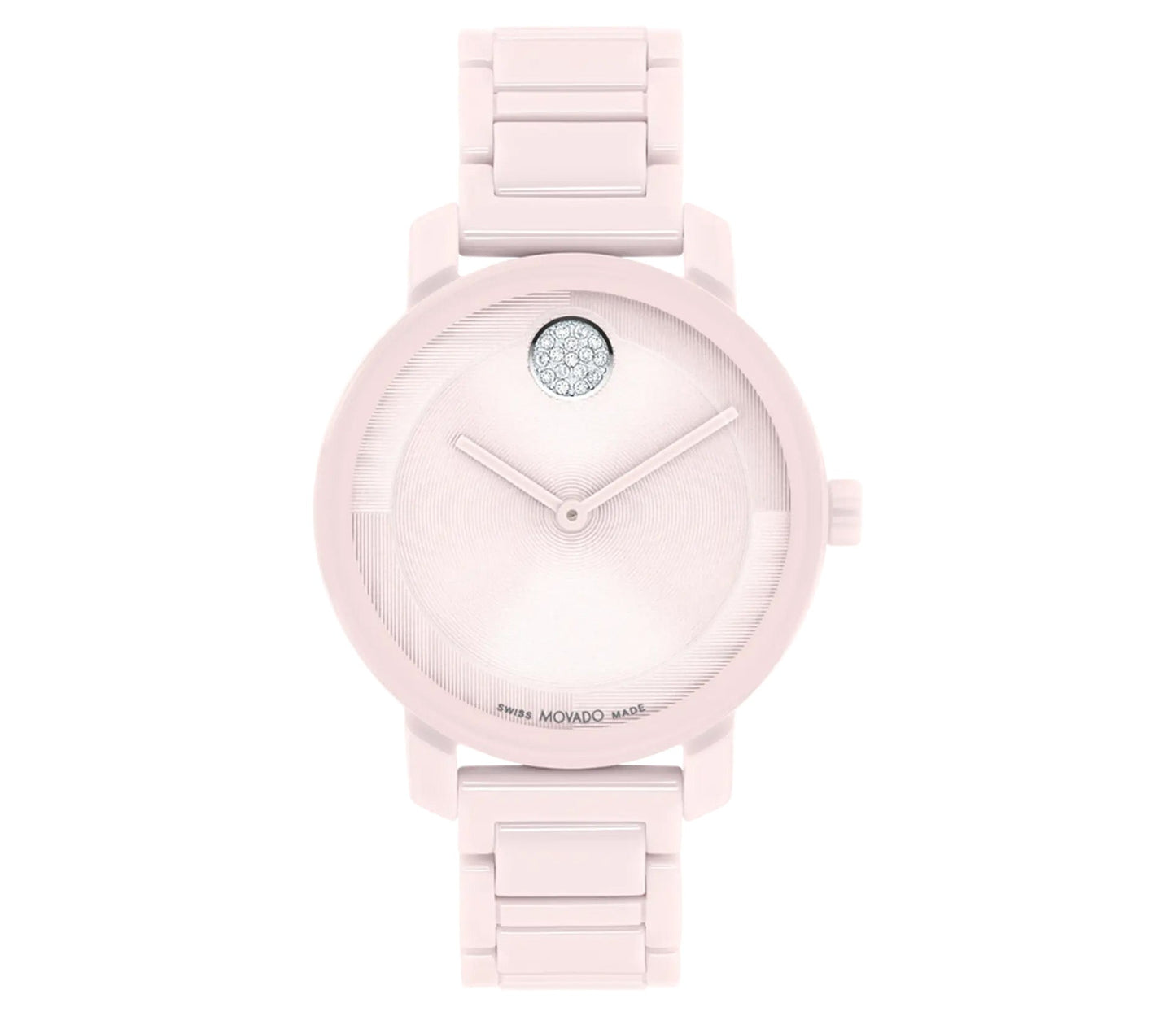 The Movado BOLD Evolution 2.0 Quartz 34mm Watch by Movado offers a minimalist design, featuring a round white face with sleek hands and no numerals. It includes a micro-textured dial at 12 o'clock and is complemented by a polished H-link bracelet.